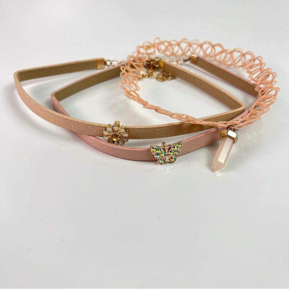 Set of 3 Nude Tan Girls Choker Necklace Set Daisy Flower Butterfly Pendant Stone